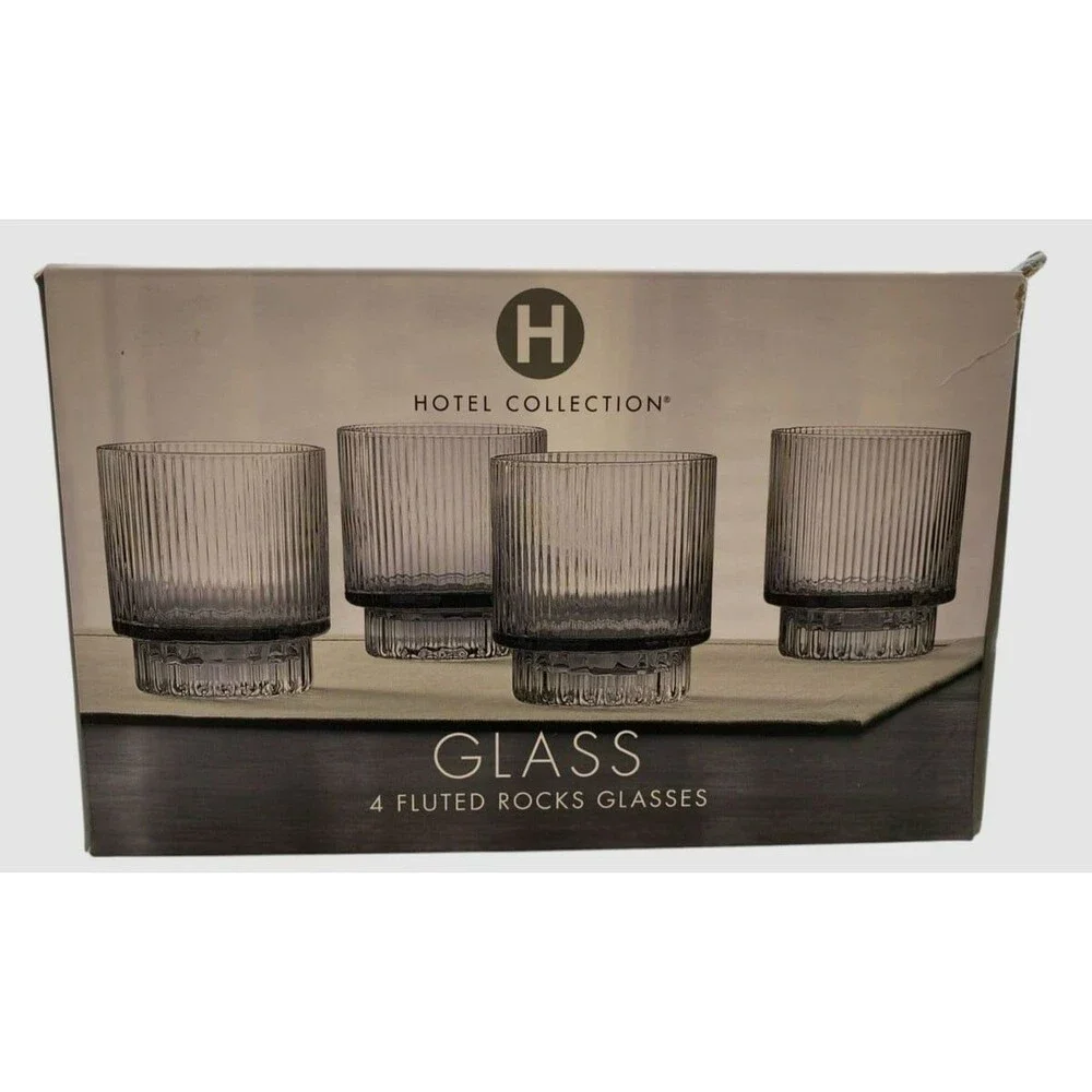 Hotel Collection Clear Set of 4 Smoked Fluted Double Old-Fashioned Glasses